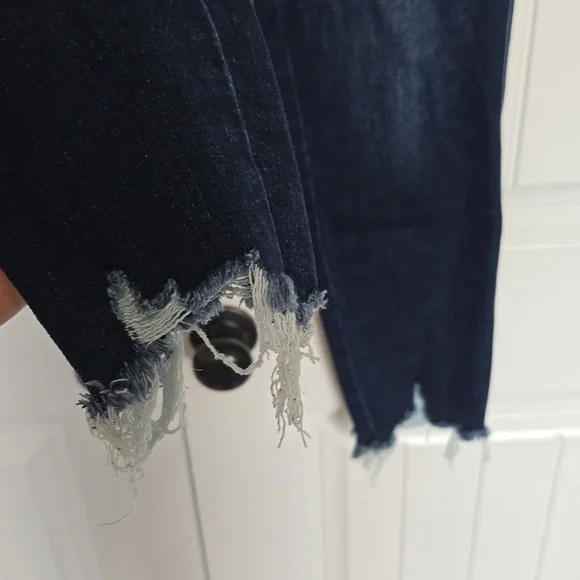 Women's Dark Blue Frayed Hem Jeans - Picture 3 of 6